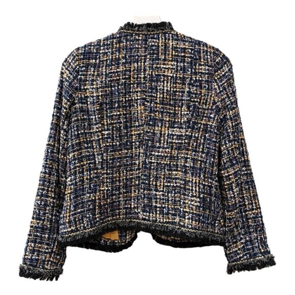Melanie Lyne Multi-Colored Blue Tweed Open Front Blazer Jacket Frayed Trim Sz 4 - Picture 2 of 7